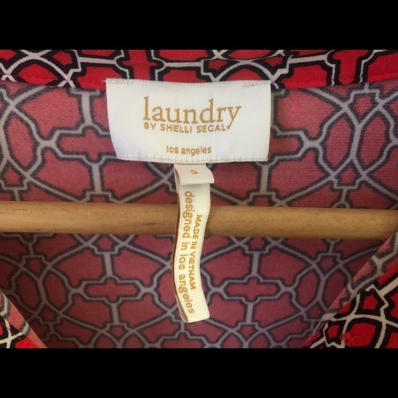 Laundry Shelly Segal Top S 3/4 Sleeve Ruched Button Down Bold Red Pattern - Picture 4 of 6